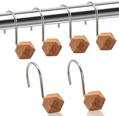 Decorative Shower Curtain Hooks, Wood Shower Curtain Rings, Modern Polygon Wood Shower Curtain Hangers, 12PCS Shower Hooks for Shower Curtain Rod, Bathroom, Bedroom, Living Room (Silvery)