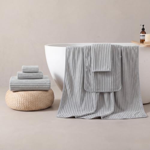 REDKISS Gray Bath Towels Set 6 Piece - Microfiber Bathroom Towels of 6 Large, Highly Absorbent Bath Towel, Soft Shower Towel for Bathroom, Hotel 2 Bath Sheet 2 Hand Towel 2 Washcloths