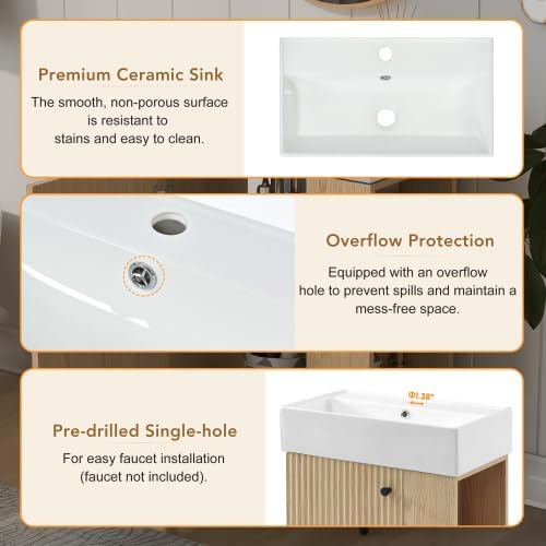 BNSPLY 22 Inch Floating Bathroom Vanity with Sink, Wall Mounted Bathroom Vanity Cabinet with Ceramic Sink, Modern Single Basin Vanities, Small Restroom Basin Cabinet with Right Side Storage, Wood