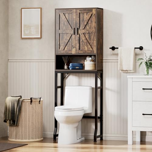 USHOWER Brown Over The Toilet Storage Cabinet with Barn Doors