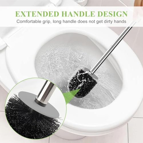 Toilet Brush and Holder Set, 3 Pack with Stainless Steel Handle Toilet Bowl Brush, Compact Toilet Scrubber Brush for Deep Cleaning Bathroom Restroom, Easy to Assemble White & Gray