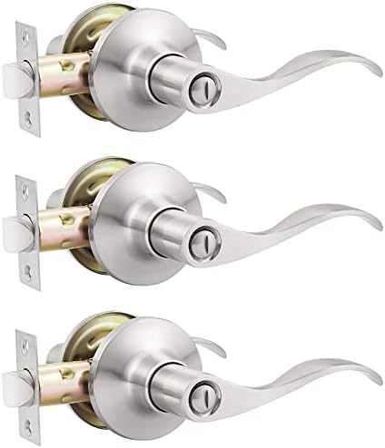 GOBEKOR 3 Pack Satin Nickel Privacy Door Handles for Bedroom and Bath Lever Door Handle Interior with Lock Wave Door Levers Keyless