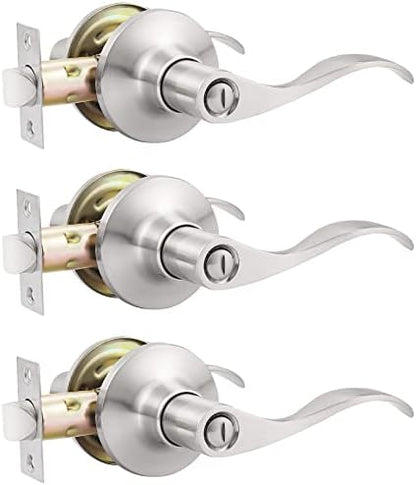 GOBEKOR 3 Pack Satin Nickel Privacy Door Handles for Bedroom and Bath Lever Door Handle Interior with Lock Wave Door Levers Keyless