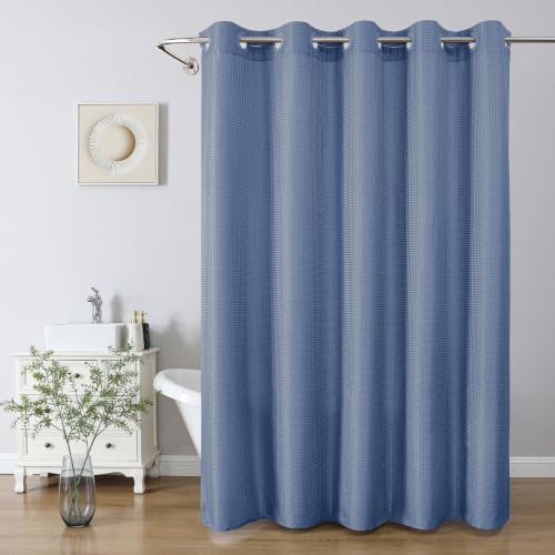 No Hook Waffle Shower Curtain, No Liner Needed, 71x74 Inch, Moonlight Blue