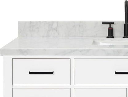 DKB Isabella 54" White Single Bathroom Vanity with Sink, 1.5" Italian Carrara Marble Countertop, Rectangular Undermount Sink, 2 Soft Closing Doors, 8 Dovetail Drawers, 1 Tilt Drawer