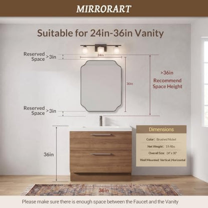 MIRRORART Brushed Nickel Bathroom Mirrors for Over Sink, 24x30‘’ Scalloped Silver Mirrors for Bathroom, Notched Corner Rectangle Mirror in 1’’ Stainless Steel Metal Frame Hang Vertical/Horizontal