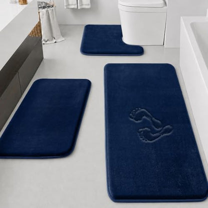 HUXMEYSON Bathroom Rugs Sets 3 Piece, Non-Slip & Quick Dry Bath Mat Set, Ultra Soft Velvet Bath Rugs for Bathroom, Toilet and Shower Floor, Navy