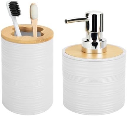 2PCS White Bathroom Set, Soap Dispenser, Dish & Bamboo Holder, Rustic