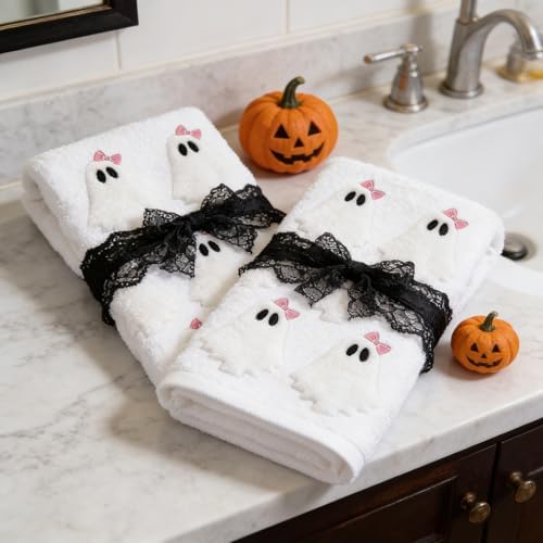 2 Pack Halloween Hand Towels 100% Cotton Jacquard Bow Ghost Halloween Kitchen Towels White Bathroom Towels Set Seasonal Bathroom Decor(Bow Ghost)