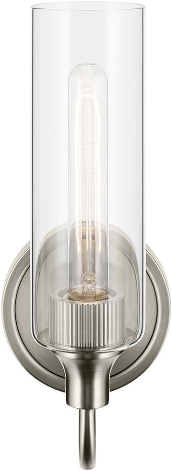 Kichler Kavi 5" 1-Light Wall Sconce with Clear Glass in Brushed Nickel, Damp Rated, for Bathroom, Powder Room, Kitchen, Hallway, Bedroom, Fireplace, (5" W x 13" H), 55209NI