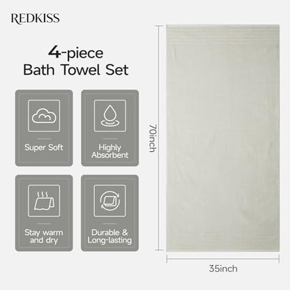 REDKISS Luxury Bath Towels Set of 4, 35x70 in, Highly Absorbent & Quick Dry, Super Soft Extra Large Premium Thick Cotton Light Gray Bath Sheets for Shower, Hotel, Bathroom, Spa