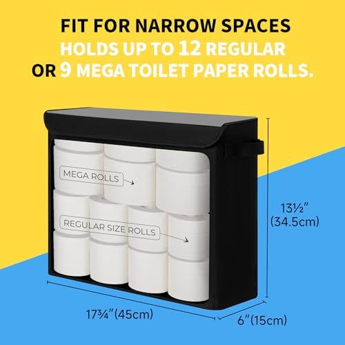 Cupic Cupid Toilet Paper Storage Baskets, Bathroom Toilet Paper Storage with Lid, Holds 12 Regular or 9 Mega Rolls, Slim Toilet Tissue Holder Basket with Clear PVC Lid and Handles for Home, Black