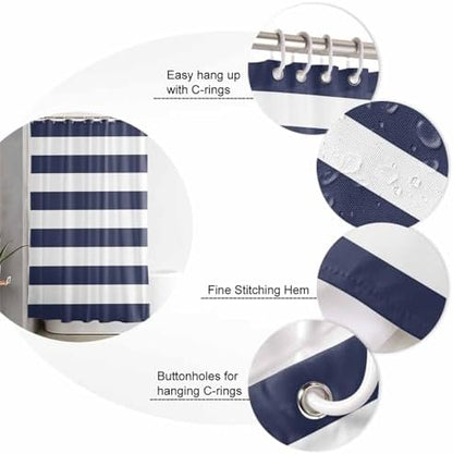 Shower Curtain Bathroom Set Navy Blue and White Stripe Waterproof Shower Curtains with Grommets Hooks Modern Stripes Pattern Privacy Bath Curtain for Bathtub Decor 48x72in