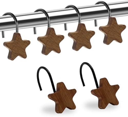 Shower Curtain Hooks, Wood Decorative Shower Curtain Rings, Modern Round Log Shower Curtain Hangers, 12PCS Shower Hooks for Shower Curtain Rod, Bedroom, Living Room (Star-Black)