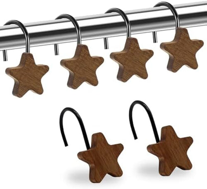 Shower Curtain Hooks, Wood Decorative Shower Curtain Rings, Modern Round Log Shower Curtain Hangers, 12PCS Shower Hooks for Shower Curtain Rod, Bedroom, Living Room (Star-Black)