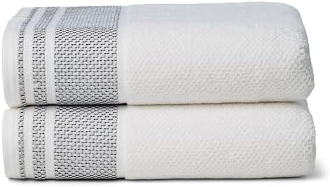 Texere 100% Organic Cotton Rice Weave Jacquard 700 GSM Luxury Bath Towel Sets - 2 Large Bath Towels (Rice Weave, BRT Wht w/Blk, 2 Bath Towels)