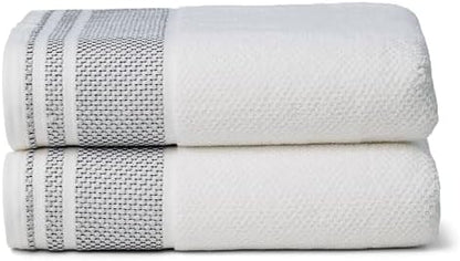 Texere 100% Organic Cotton Rice Weave Jacquard 700 GSM Luxury Bath Towel Sets - 2 Large Bath Towels (Rice Weave, BRT Wht w/Blk, 2 Bath Towels)