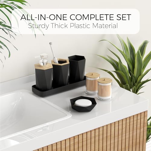 Black Bathroom Accessories Set with Shower Curtain and Rugs, 24-Piece Complete Bath Set with Trash Can, Soap Dispenser, Toilet Brush, and Qtip Holders, Famhouse Bamboo Modern Decor
