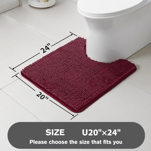 Burgundy Toilet Rug U Shaped – Absorbent and Washable Contour Bathroom Rugs for Toilet, Non-Slip, Thick Soft Chenille Contoured Bath Mat - 20" x 24"
