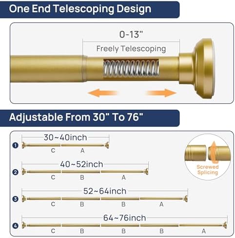 ENJOYBASICS 1" Gold Shower Curtain Rod, 30-76" Adjustable, Secure Tension