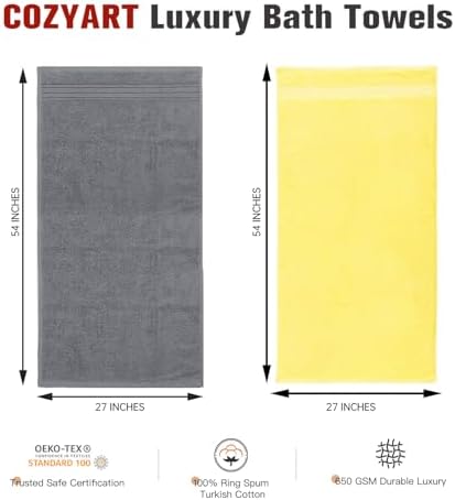 COZYART Luxury Bath Towels 4 PCS, 27x54 650 GSM Turkish Cotton, Grey+Yellow