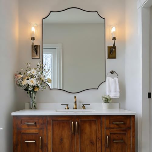ANDY STAR Brushed Bronze Mirror, 28x36 Inch Bathroom Mirror, Scalloped Mirrors for Bathroom, Anti-Rust Stainless Steel Frame, Unique Curved Design Ideal for Bathroom, Living Room, Mantel