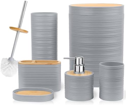 CERBIOR Bamboo Bathroom Accessories Set 6 Piece Spiral Bath Ensemble,Grey