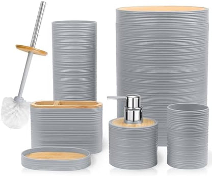 CERBIOR Bamboo Bathroom Accessories Set 6 Piece Spiral Bath Ensemble,Grey