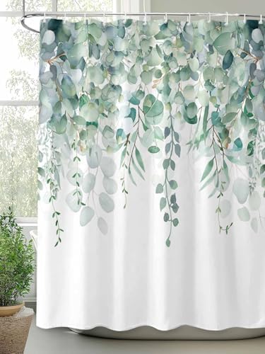 Shower Curtain Bathroom Set Green Eucalyptus Leaf on White Waterproof Shower Curtains with Grommets Hooks Fallen Leaves Watercolor Privacy Bath Curtain for Bathtub Decor 48x72in