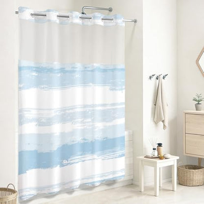 No Hook Shower Curtain with Liner, Light Blue Stripe, 71x74 Inch