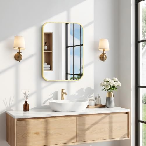 BONEWEI Gold Bathroom Mirror,18x24 inch Wall Mirror for Bathroom Wall Mounted,Round Rectangle Mirror for Bathroom Over Sink,Modern Frame for Home Decor Living Room,Bedroom Entryway,Horizontal/Vertical