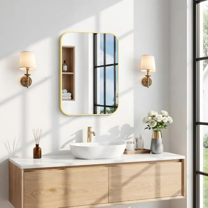 BONEWEI Gold Bathroom Mirror,18x24 inch Wall Mirror for Bathroom Wall Mounted,Round Rectangle Mirror for Bathroom Over Sink,Modern Frame for Home Decor Living Room,Bedroom Entryway,Horizontal/Vertical