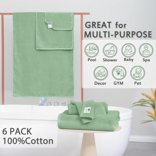 VOOVA & MOVAS 6PC Towel Set, 100% Cotton, Mint