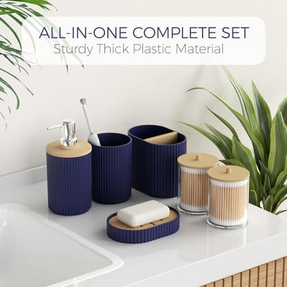 Navy Blue Bathroom Accessories Set, Bathroom Set with Shower Curtain and Rugs, Trash Can, Toilet Brush with Holder, Soap Dispenser, Toothbrush and Toothpaste Holder, Cup, Soap Dish, Qtip Holders