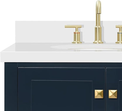 ARIEL Cambridge 72-inch Bathroom Vanity with Sink,Solid Wood, 1.5-inch Pure White Quartz Countertop & Backsplash, Double Oval Porcelain Sink, 4 Soft Closing Doors, 6 Dovetail Drawers, Midnight Blue