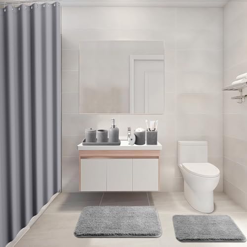XLHOMO Gray Bathroom Accessory Set with Shower Curtain and Rugs, Resin
