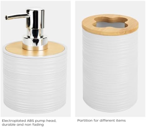 2PCS White Bathroom Set, Soap Dispenser, Dish & Bamboo Holder, Rustic