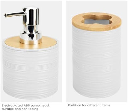2PCS White Bathroom Set, Soap Dispenser, Dish & Bamboo Holder, Rustic