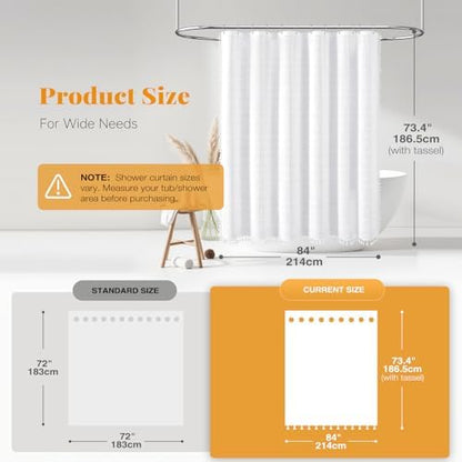 BTTN 84x72 Boho Farmhouse Linen Heavy Duty Fabric Shower Curtain Set, White