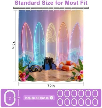 Waterproof Tropical Beach Shower Curtain with 12 Hooks, Colorful Neon Surfboard Design Fabric Shower Curtains with Weighted Bottom, Machine Washable Summer Shower Curtain for Bathroom , 72"W x 72"L