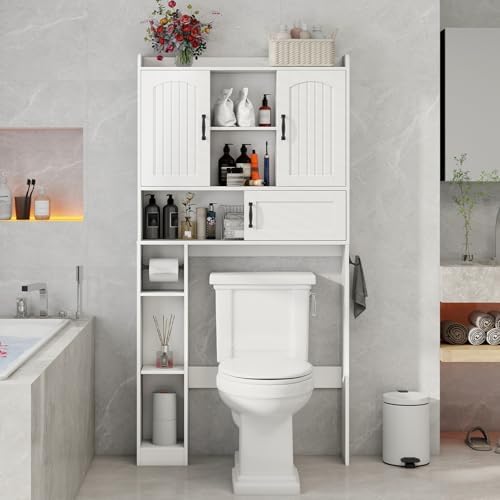 Vabches Over The Toilet Cabinet with 2 Barn Doors & Sliding Door, White