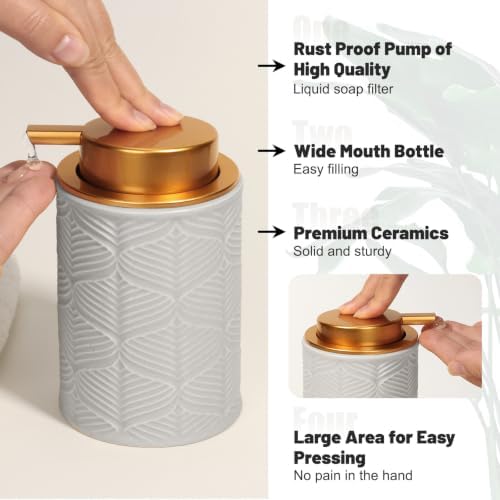 Kukikan Ceramic Bathroom Accessories Set, 4 Pcs-Includes Lotion Soap Dispenser, Toothbrush Holder, Vanity Tray, and Tumbler, Modern Bathroom Decor Organizer with Soap Dish, Apothecary Jar, Grey Color