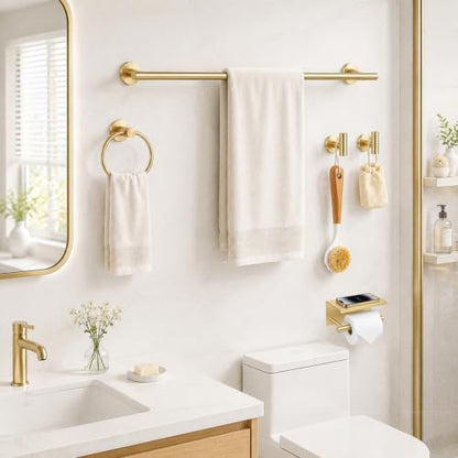 Brushed Gold Bathroom Accessories Set, 5 Pieces Gold Towel Bar Bathroom Hardware Set, 31.5 Inch Towel Racks for Bathroom, SUS304 Stainless Steel Bathroom Towel Holder Toilet Paper Holder Wall Mounted