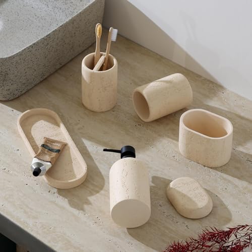 Bathroom Accessories Set, Travertine Stone Look, 5 PCS, Yellow