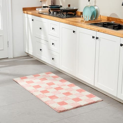 CozeCube Blossom Pink Checkered Bath Runner 59"x24" Non Slip Washable Rug