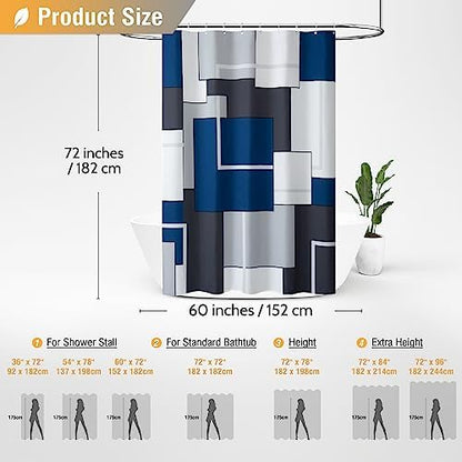 BTTN 60x72 Modern Geometric Waterproof Fabric Shower Curtain Set, Navy Blue