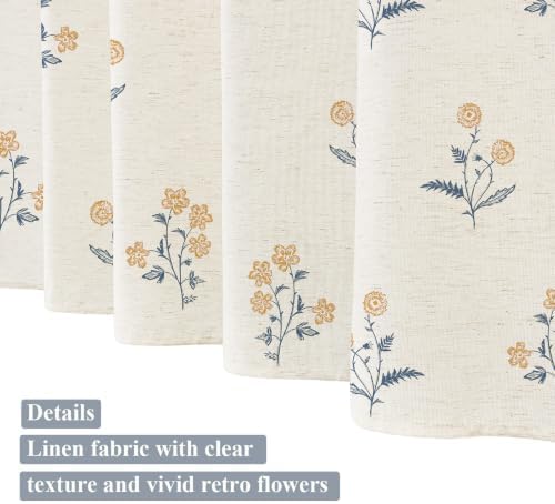 ORTIGIA Linen Shower Curtain Farmhouse Vintage Yellow Blue Floral Shower Curtains Navy Boho Rustic Block Print Cottagecore Decor for Bathroom 72 W x 72 L