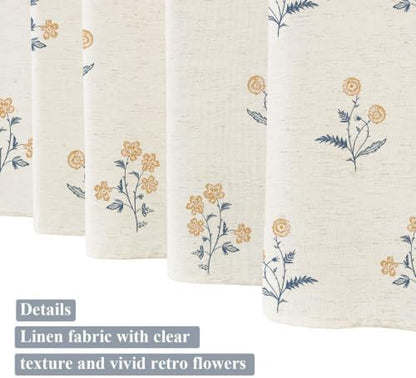 ORTIGIA Linen Shower Curtain Farmhouse Vintage Yellow Blue Floral Shower Curtains Navy Boho Rustic Block Print Cottagecore Decor for Bathroom 72 W x 72 L