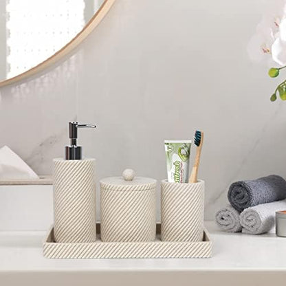 Beige Bathroom Accessories Set 4 Pcs - Toothbrush Holder,Lotion Soap Dispenser,Qtip Holder Dispenser,Vanity Tray for Countertop Vanity Organizer,Bathroom Accessory Set