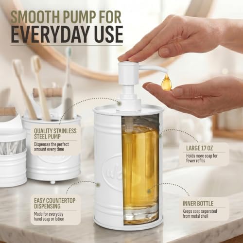 Autumn Alley White Bathroom Accessories Set 4 - Farmhouse Soap Dispenser, Toothbrush Holder, 2 Apothecary Jars Qtip Holder - White Bathroom Decor – Rustic Farmhouse Bathroom Accessories